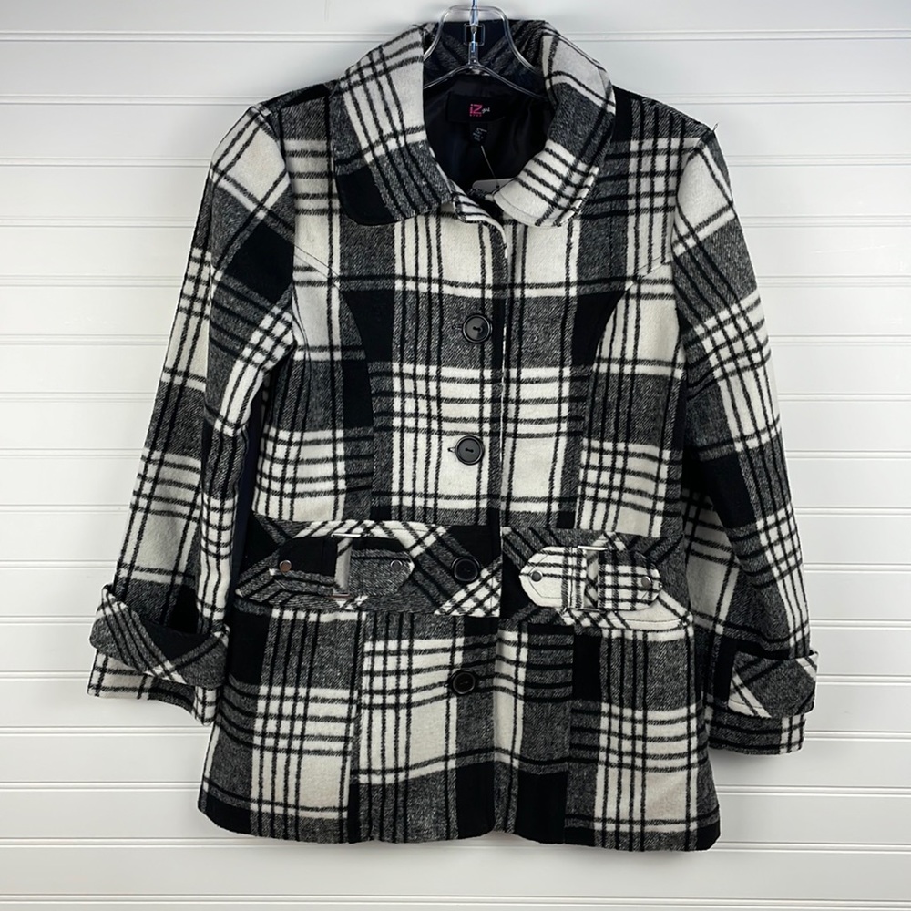 iZ Byer Girl Buffalo Plaid Belted Pea Coat Youth Large 14 Black White